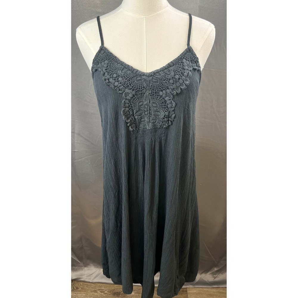 Xhilaration Midi Boho Slip Crinkle Dress Whimsigoth Fairy Grunge Grey Black M